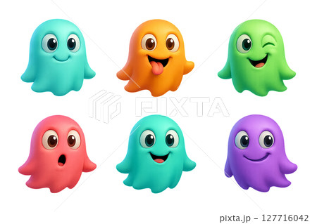 Png set of vibrant cartoon ghosts with playful expressions isolated on transparent background. concept of playful halloween decor, colorful spooky characters, cute ghost illustration 127716042