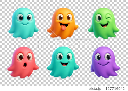 Png set of vibrant cartoon ghosts with playful expressions isolated on transparent background. concept of playful halloween decor, colorful spooky characters, cute ghost illustration 127716042