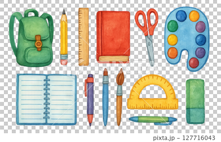 Png watercolor school supplies set with notebooks, backpack, pencils, and art tools isolated on transparent background. concept of educational resources, art materials, back-to-school decor. Png watercolor school supplies set with notebooks, backpack, pencils, and art tools isolated on transparent background. concept of educational resources, art materials, back-to-school decor. 127716043