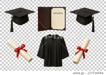 Png set of university attributes including graduation cap, diploma, and gown isolated on transparent background. concept of academic achievement, education celebration, scholarly success. 127716044