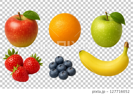 Png set of assorted fruits including apples, orange, strawberries, blueberries, and banana isolated on transparent background. concept of fresh produce, healthy eating, fruit collection. 127716052