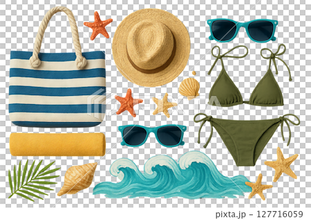 Png set of summer beach essentials with striped bag, hat, sunglasses, and bikini isolated on transparent background. concept of vacation gear, tropical accessories, seaside fashion. 127716059