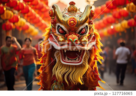 Majestic Dance Chinese Dragon Character Enchants in New Year Festival, Capturing the Energetic Splendor of Traditional Performances. created with Generative AI 127716065