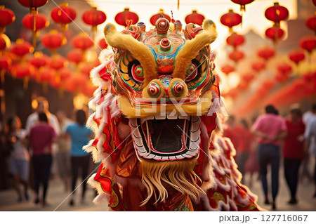 Majestic Dance Chinese Dragon Character Enchants in New Year Festival, Capturing the Energetic Splendor of Traditional Performances. created with Generative AI 127716067