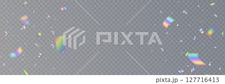 Holographic confetti falling on transparent background. Rainbow light hologram. Prism lens. Shiny festive decor. Crystal texture. Party celebration. Glamour design. Vector Illustration 127716413