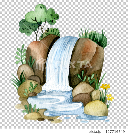 cute waterfall, watercolor cartoon illustration. environment 127716749