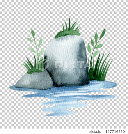 cute pond with rocks and grass, watercolor cartoon illustration. environment, landscape cute pond with rocks and grass, watercolor cartoon illustration. environment, landscape 127716750