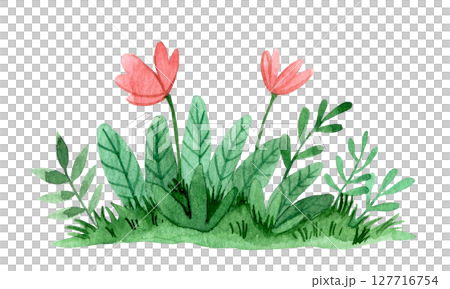 meadow with flowers, watercolor cartoon illustration. nature, environment meadow with flowers, watercolor cartoon illustration. nature, environment 127716754