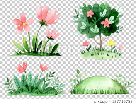 Set of meadows with flowers and bushes. Watercolor cartoon illustration. 127716758