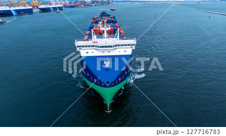 Aerial view from drone, Container ship or cargo shipping business logistic import and export freight transportation by container ship in open sea, Container loading cargo freight ship boat. 127716783
