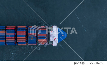 Aerial view from drone, Container ship or cargo shipping business logistic import and export freight transportation by container ship in open sea, Container loading cargo freight ship boat. 127716785