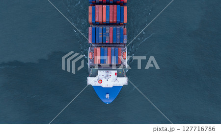 Aerial view from drone, Container ship or cargo shipping business logistic import and export freight transportation by container ship in open sea, Container loading cargo freight ship boat. 127716786