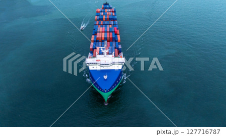Aerial view from drone, Container ship or cargo shipping business logistic import and export freight transportation by container ship in open sea, Container loading cargo freight ship boat. Aerial view from drone, Container ship or cargo shipping business logistic import and export freight transportation by container ship in open sea, Container loading cargo freight ship boat. 127716787