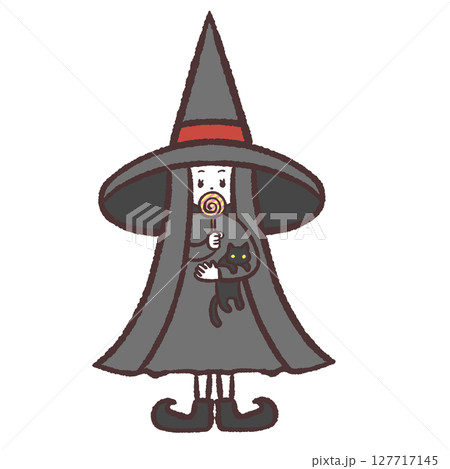 黒猫を抱っこして飴をなめる魔女のイラスト 127717145