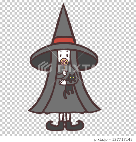 黒猫を抱っこして飴をなめる魔女のイラスト 127717145