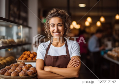Sweet Success Proud and Joyful Small Bakery Owner Smiles Over Her Confectionery Store, Capturing the Cheerful Essence of a Passionate Female Baker. created with Generative AI 127717147