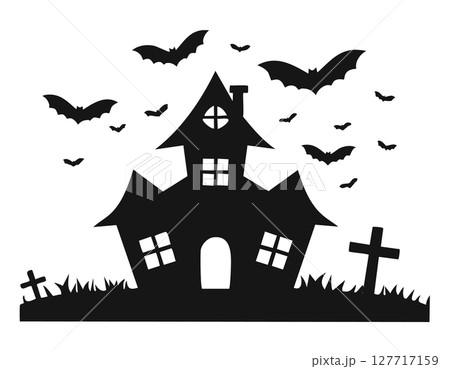Playful Halloween silhouette shows a crooked haunted house perched on a hill, tall spires and glowing windows, surrounded by grazing grass and scattered gravestones while cartoon bats circle the roof Playful Halloween silhouette shows a crooked haunted house perched on a hill, tall spires and glowing windows, surrounded by grazing grass and scattered gravestones while cartoon bats circle the roof 127717159