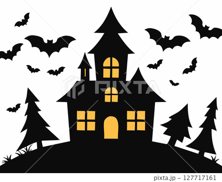 Simple black cutout art shows a spooky hilltop cottage with sharp pointed roofs, uneven shutters and arched doorway, flanked by broken fences, tufts of grass and grave crosses, swarm of bats adds 127717161