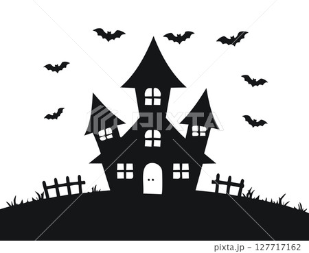 Bold silhouette graphic presents an eerie Halloween hill with a lopsided house at the center, glowing pane shapes hint at flickering candles, crooked cemetery crosses line the grass, playful bats 127717162