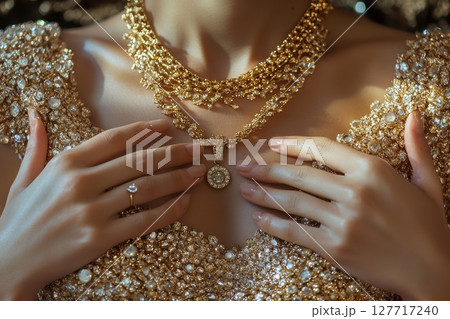 Exquisite close-up of a person showcasing intricate golden jewelry amidst elegant attire in a lavish setting, highlighting craftsmanship and style in a luxurious environment 127717240