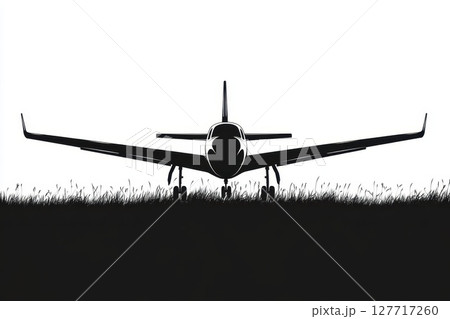 Aircraft silhouette on grassy field at sunset showcasing peaceful contrast between technology and nature 127717260