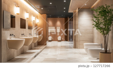 Modern restroom design features elegant fixtures and stylish finishes, showcasing functionality in a well-lit, spacious environment with neutral tones 127717266