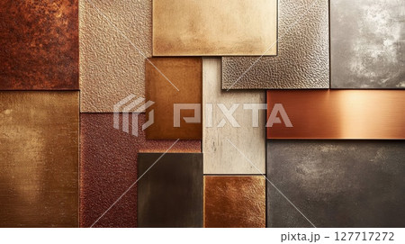 Various textured metal panels arranged in an artistic composition showcasing different finishes and colors in a well-lit space 127717272