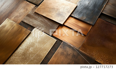 Collection of various textured metal sheets arranged on a surface showcasing unique finishes and colors at an artistic workshop 127717273