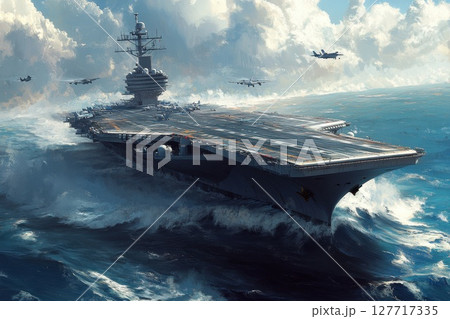 Massive aircraft carrier navigates turbulent ocean waters under a dramatic sky during a military operation 127717335