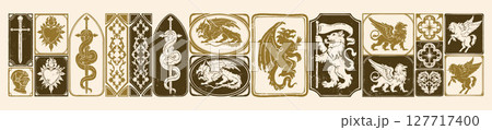 Medieval fantasy heraldic print, gothic vintage mythology beasts silhouette, RPG game sticker set.  127717400