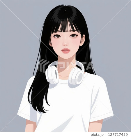 ヘッドホンを首にかけている音楽好きな女性のシンプルイラスト 127717439