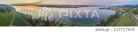 Aerial sunset over Untersee Lake Constance Switzerland 127717458