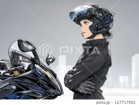 女性ライダーのアップのイラスト素材 腕組みのイラスト素材 [127717892