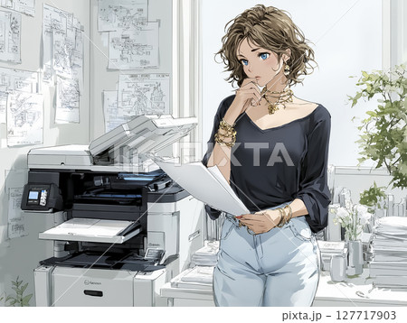 コピー機が壊れて困っているビジネスウーマンのイラスト素材 コピー機が壊れて困っているビジネスウーマンのイラスト素材 127717903