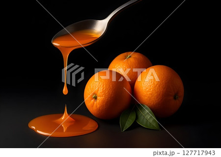 orange syrup dripping from spoon with fresh oranges and leaves for food design 127717943