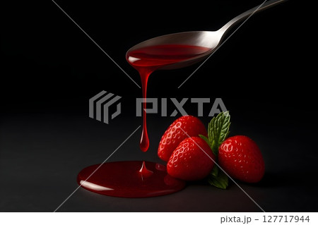 strawberry syrup dripping from spoon with fresh wild strawberries and mint leaves on black background for food design 127717944