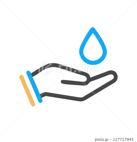 stylized icon of hand holding blue water droplet with black outline for ecological concept 127717945