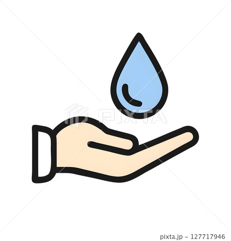 colorful illustration of hand holding a blue water droplet on white background for hydration and conservation themes 127717946