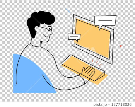 A smiling man works at computer keyboard in modern digital workspace, representing online communication, creative publishing, and technology interaction in minimal style A smiling man works at computer keyboard in modern digital workspace, representing online communication, creative publishing, and technology interaction in minimal style 127718026