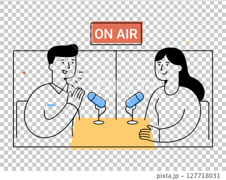 A radio host and guest sit at table with microphones engaging in lively interview in studio setting, representing broadcast communication and podcast discussion A radio host and guest sit at table with microphones engaging in lively interview in studio setting, representing broadcast communication and podcast discussion 127718031