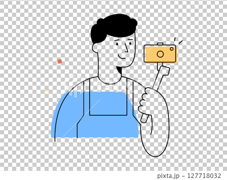 A happy male vlogger holds camera on selfie stick recording video content, representing modern social media content creation and digital technology engagement 127718032