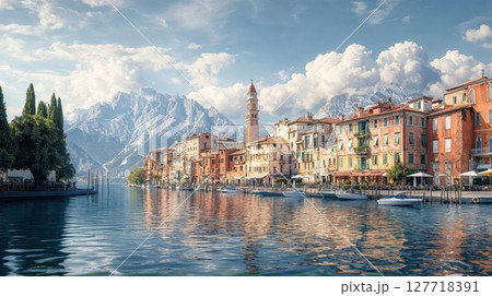 Picturesque lakeside Italian village with colorful houses, snow-capped mountains, and serene reflections on the water. A harmonious blend of culture, architecture, and nature 127718391
