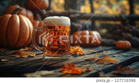 A frothy mug of beer sits on a rustic wooden table surrounded by pumpkins and fallen autumn leaves, evoking a cozy, seasonal vibe with warm, golden hues of fall in the background 127718398