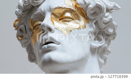 Artistic marble statue of a classical figure adorned with golden accents, highlighting intricate details and a blend of modern art and historical elegance 127718399