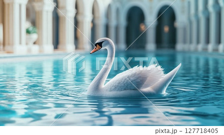 Majestic white swan gracefully floating in turquoise pool water against ornate classical architecture. Dreamy atmosphere with soft lighting perfect for luxury and elegance themes 127718405