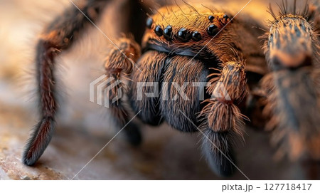 Macro shot of a hairy spider with detailed focus on its intricate eyes and textured body, emphasizing the fascinating beauty and complexity of arachnids 127718417