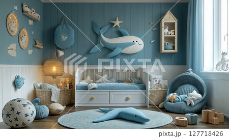 Cozy and playful whale-themed children's bedroom decorated with soft blue tones, plush toys, marine-inspired decor, and a soothing atmosphere perfect for kids 127718426