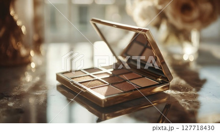 Luxurious gold-accented makeup palette featuring warm, shimmering tones, placed on a reflective surface with soft natural lighting for a glamorous and refined look 127718430