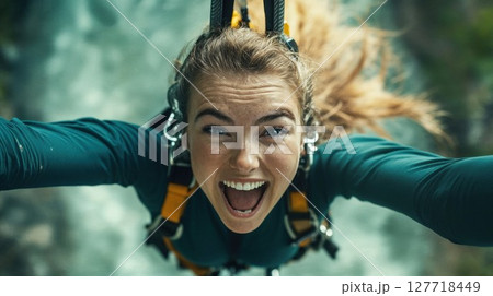 A joyful woman mid-air during a bungee jump, her face lit with exhilaration, symbolizing adventure, thrill, and living life to the fullest 127718449