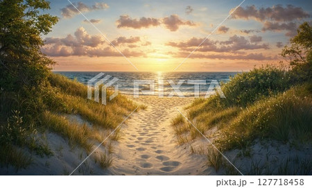 Footprints in the sand along a path on the beach at sunrise at the sea Footprints in the sand along a path on the beach at sunrise at the sea 127718458